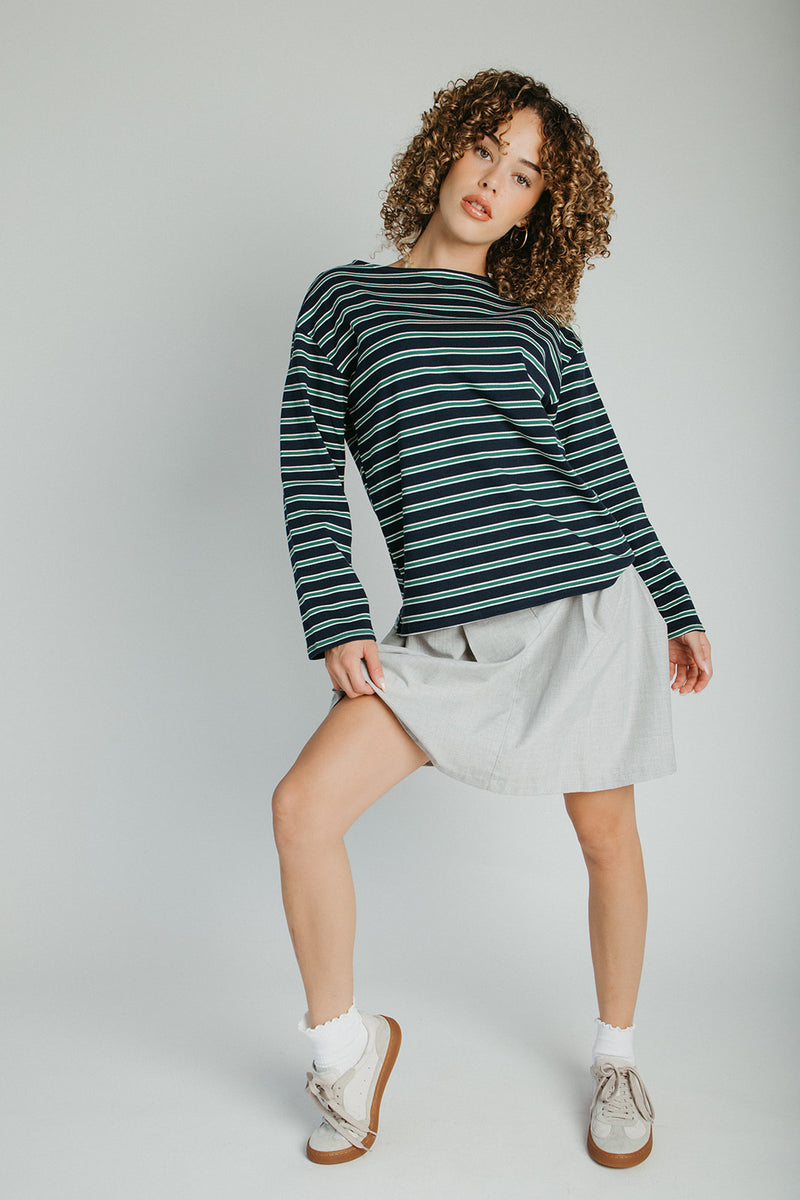 The Quigley Striped Boat Neck Tee in Navy + Green