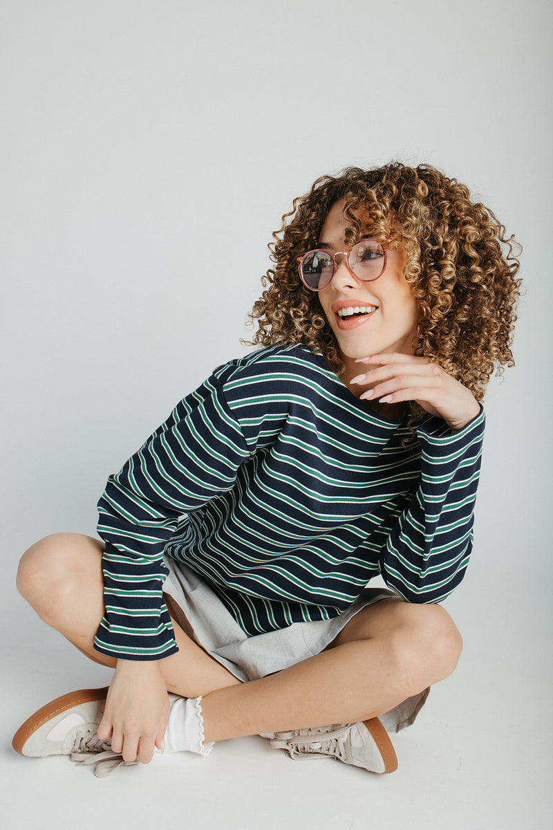 The Quigley Striped Boat Neck Tee in Navy + Green