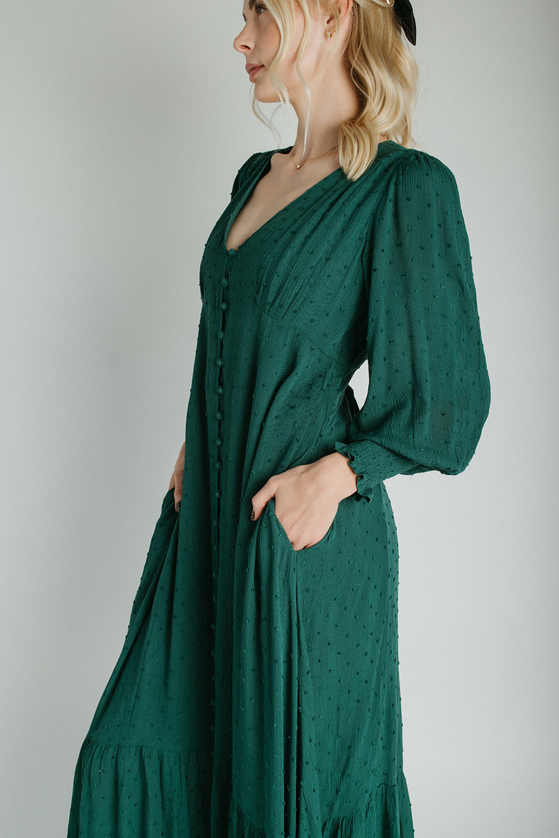 The Garvara Swiss Dot Button-Up Maxi Dress in Evergreen