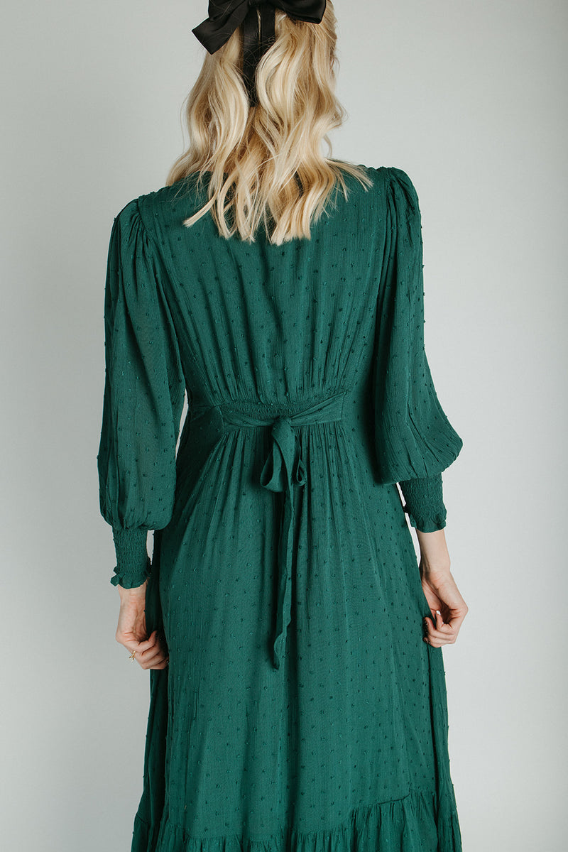The Garvara Swiss Dot Button-Up Maxi Dress in Evergreen