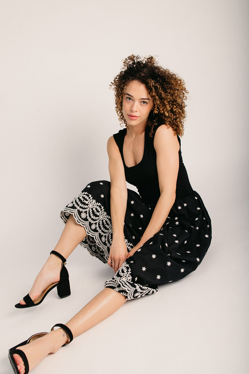 piper and scoot embroidered dress The Wiggins Scoop Neck Embroidered Dress in Navy Large