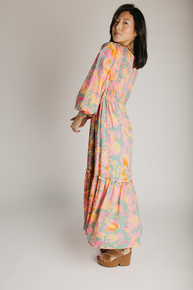 The Kensley Smocked Bodice Maxi Dress in Olive Floral
