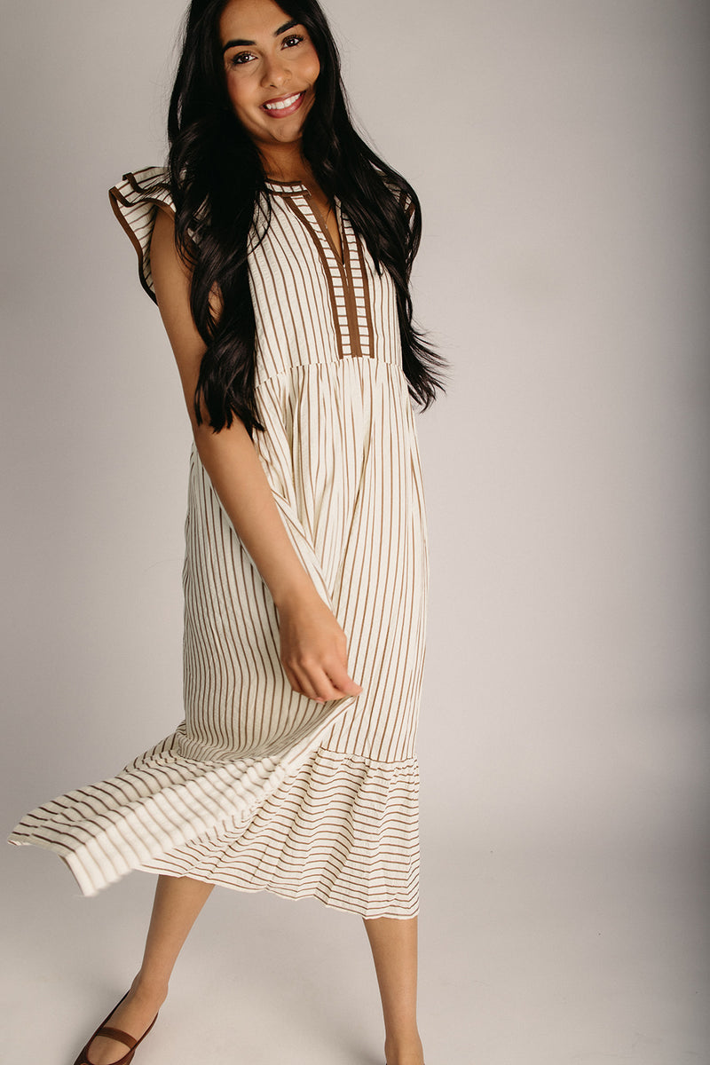 chinese dress ladies The Newbury Tiered Ruffle Detail Midi Dress in Cream + Cocoa – Piper & Scoot