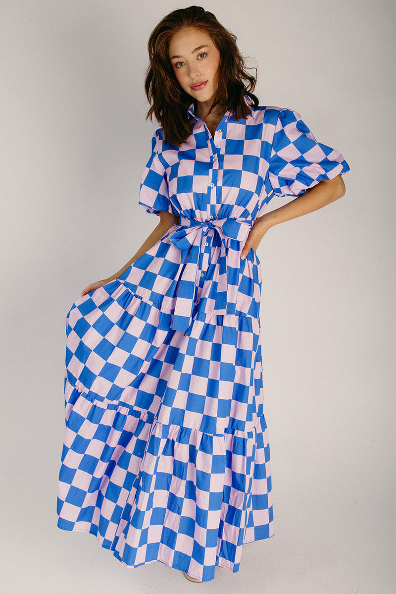puff sleeve blue dress The Robison Puff Sleeve Maxi Dress in Blue + Pink Check Large
