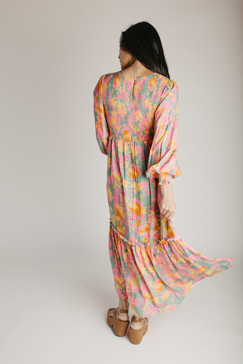 The Kensley Smocked Bodice Maxi Dress in Olive Floral