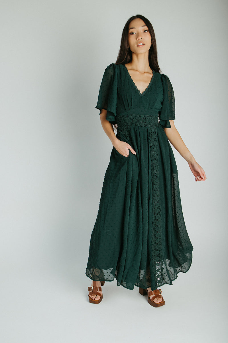 The Megan Swiss Dot Maxi Dress in Evergreen