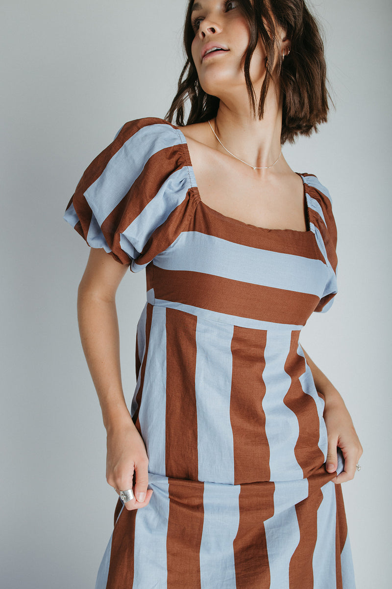 The David Square Neck Striped Dress in Brown + Blue