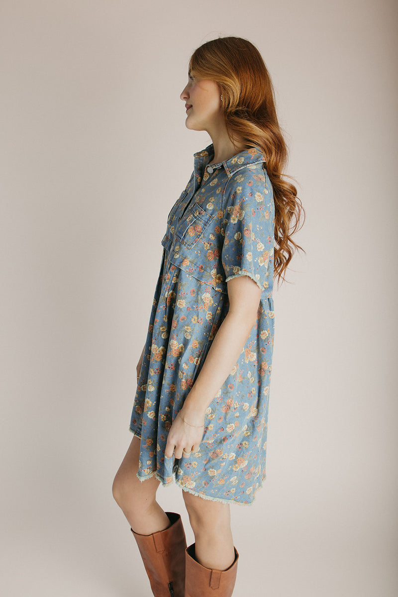 The Maribeth Floral Button-Up Dress in Denim