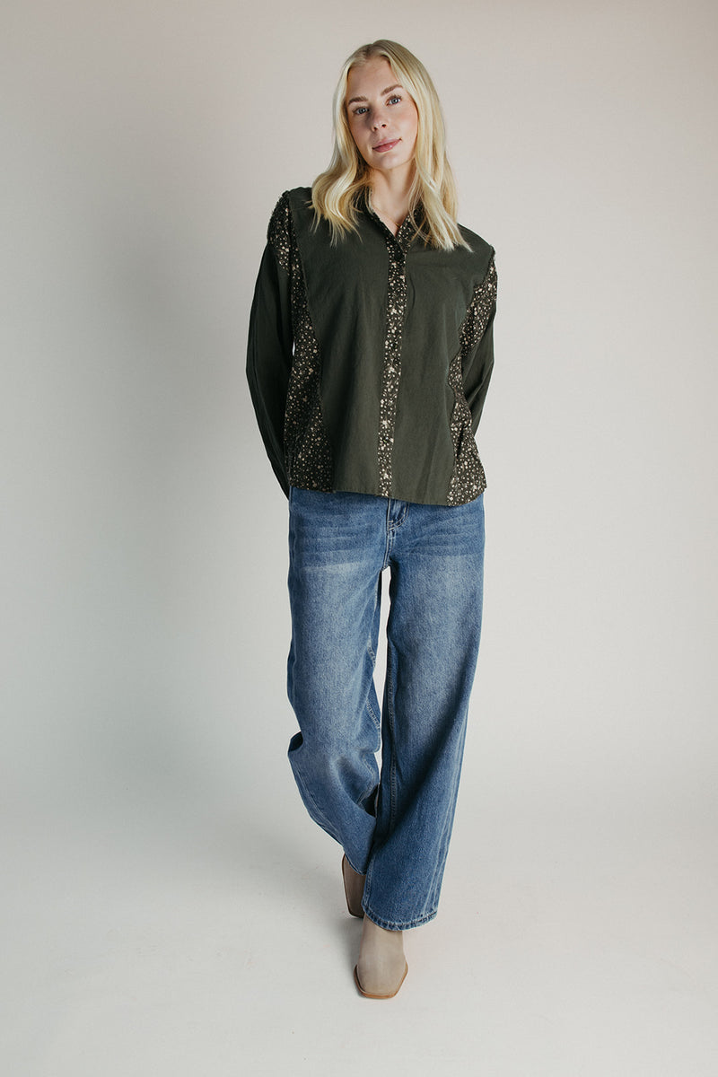 The Augustine Ditsy Floral Button-Up Blouse in Deep Green