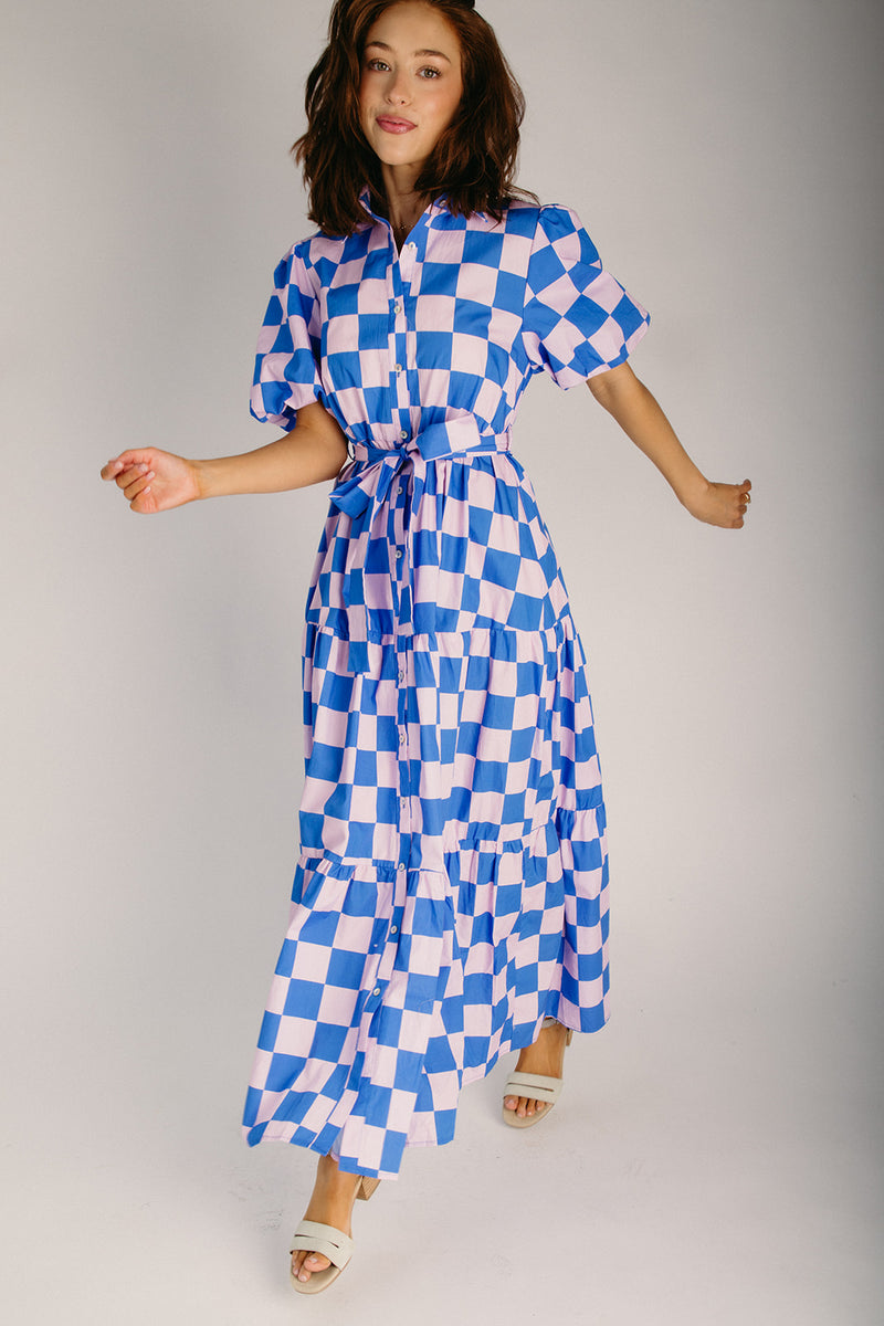 pink and blue dress women The Robison Puff Sleeve Maxi Dress in Blue + Pink Check Large