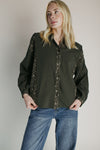 The Augustine Ditsy Floral Button-Up Blouse in Deep Green