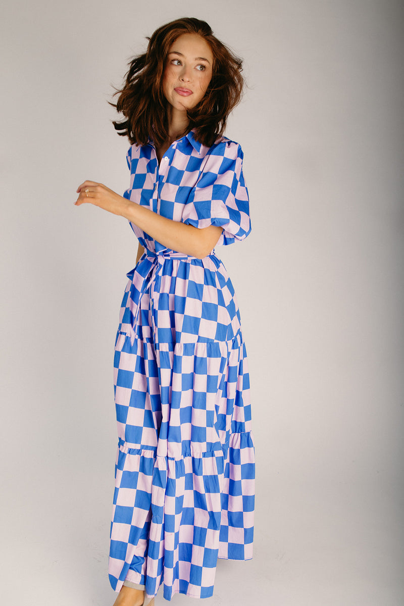 blue and white checked dress The Robison Puff Sleeve Maxi Dress in Blue + Pink Check Large