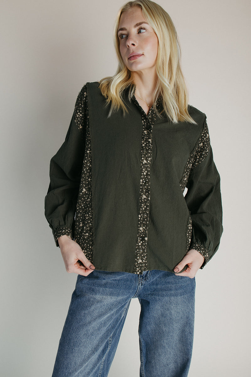 The Augustine Ditsy Floral Button-Up Blouse in Deep Green