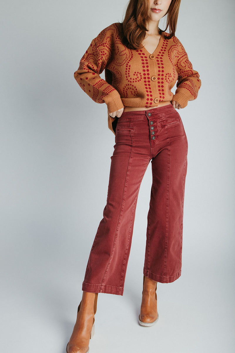 The Addi Wide Leg Crop Jean in Burgundy
