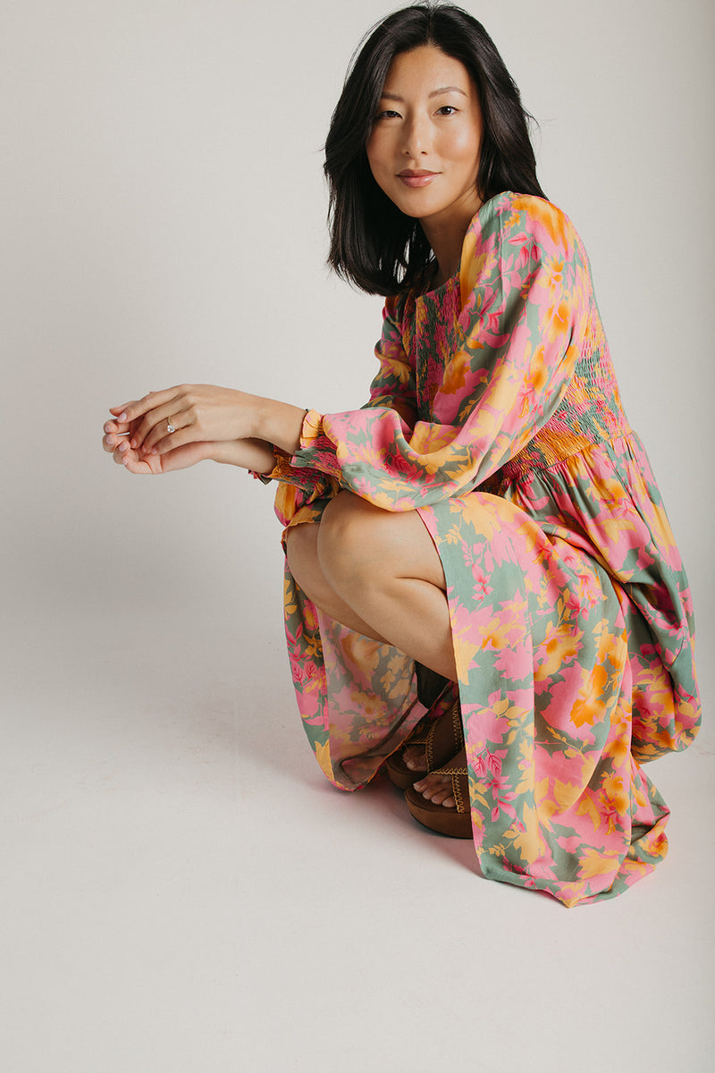 The Kensley Smocked Bodice Maxi Dress in Olive Floral