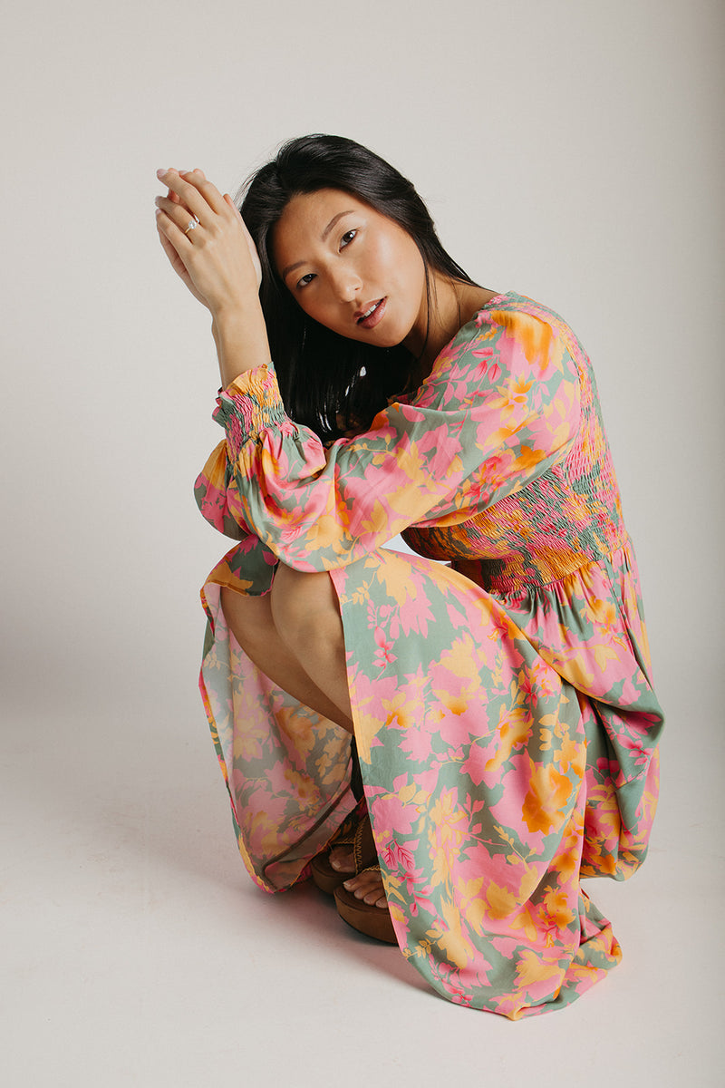 The Kensley Smocked Bodice Maxi Dress in Olive Floral