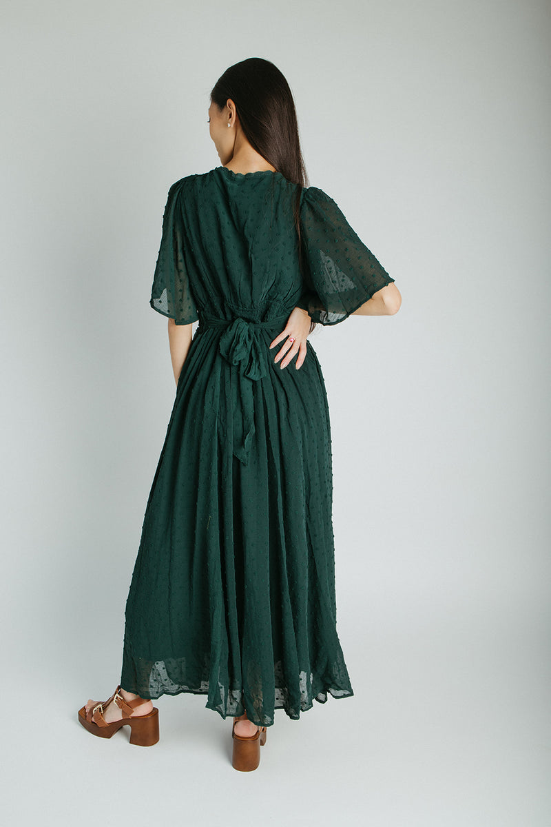 The Megan Swiss Dot Maxi Dress in Evergreen