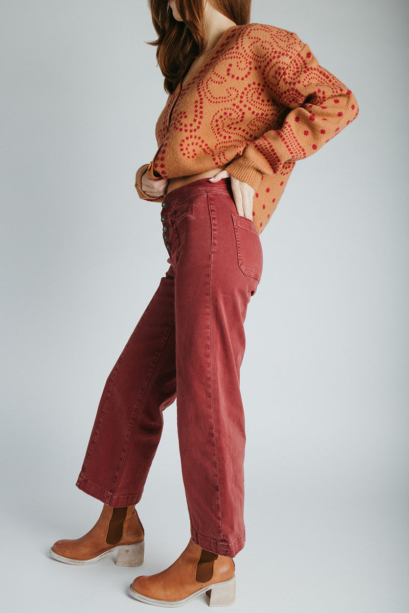 The Addi Wide Leg Crop Jean in Burgundy