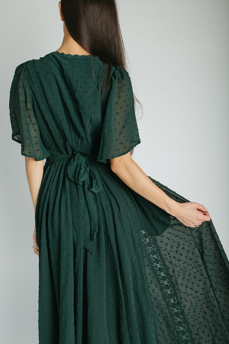 The Megan Swiss Dot Maxi Dress in Evergreen