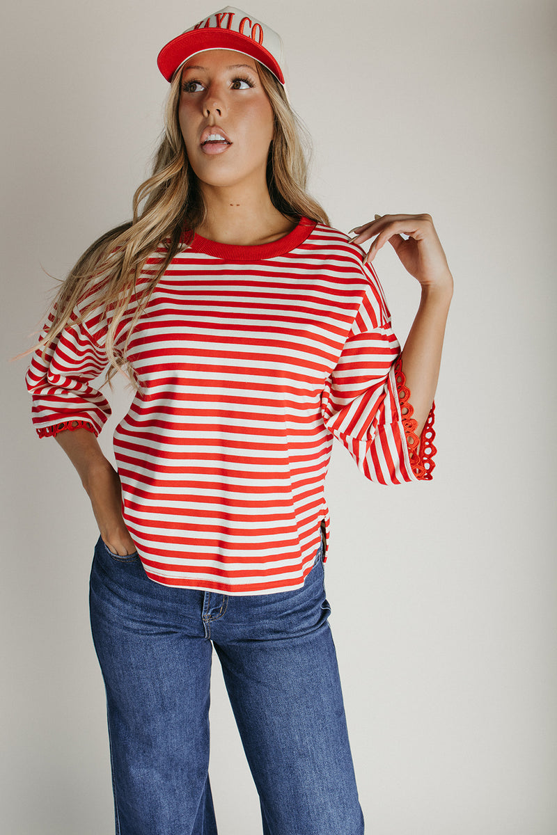 The Betsy Lace Trim Blouse in Red Stripe
