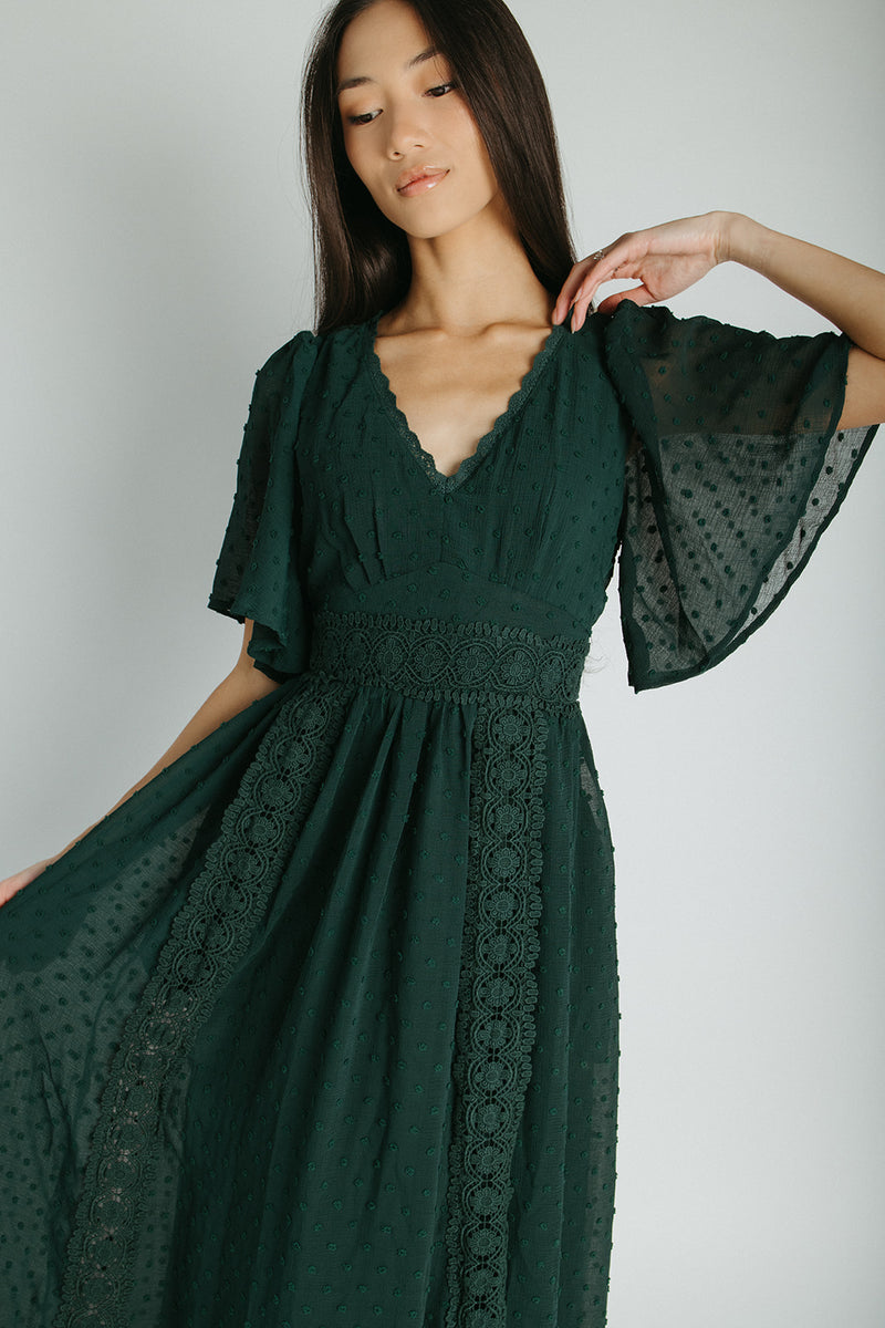 The Megan Swiss Dot Maxi Dress in Evergreen