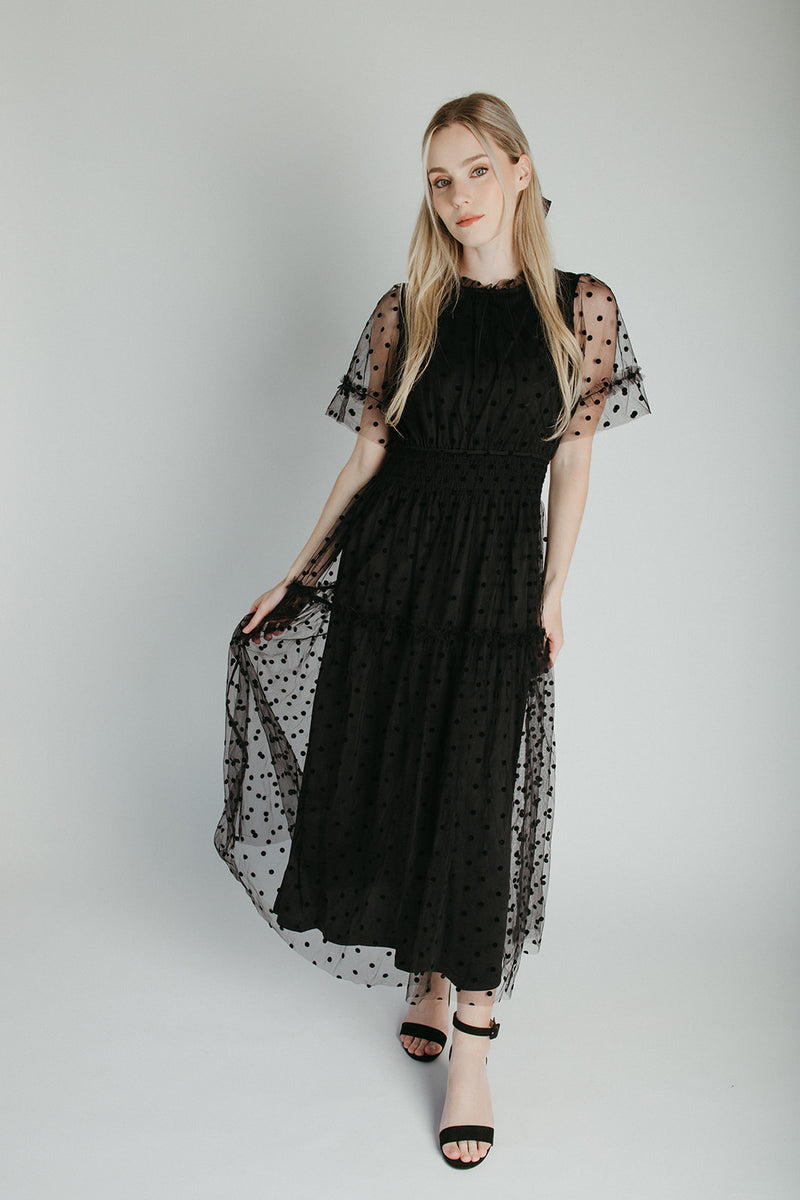 The Zoey Polka Dot Mesh Midi Dress in Black