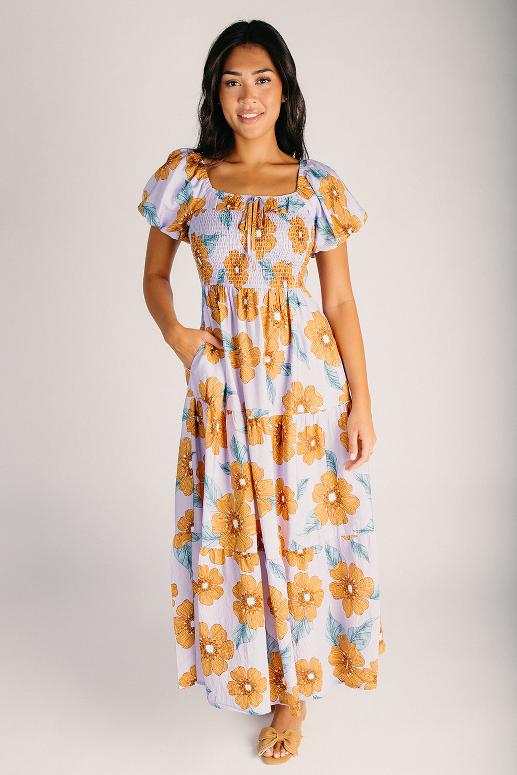 misha and puff バジル 花鉄 3y The Bonham Puff Sleeve Midi Dress in Orange + Lilac – Piper & Scoot