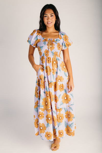 The Bonham Puff Sleeve Midi Dress in Orange + Lilac – Piper & Scoot