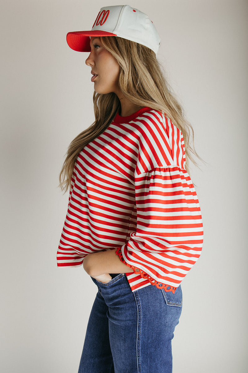 The Betsy Lace Trim Blouse in Red Stripe