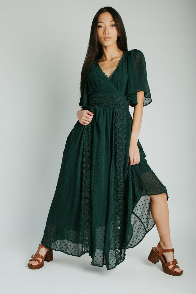 The Megan Swiss Dot Maxi Dress in Evergreen
