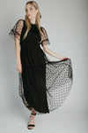 The Zoey Polka Dot Mesh Midi Dress in Black
