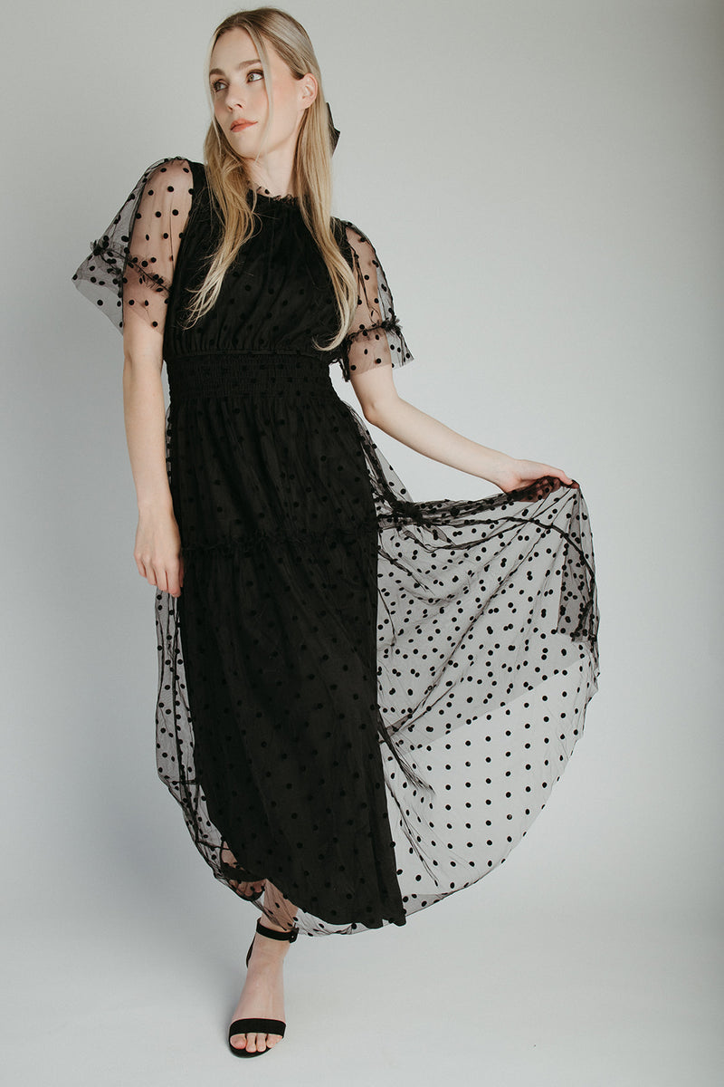 The Zoey Polka Dot Mesh Midi Dress in Black