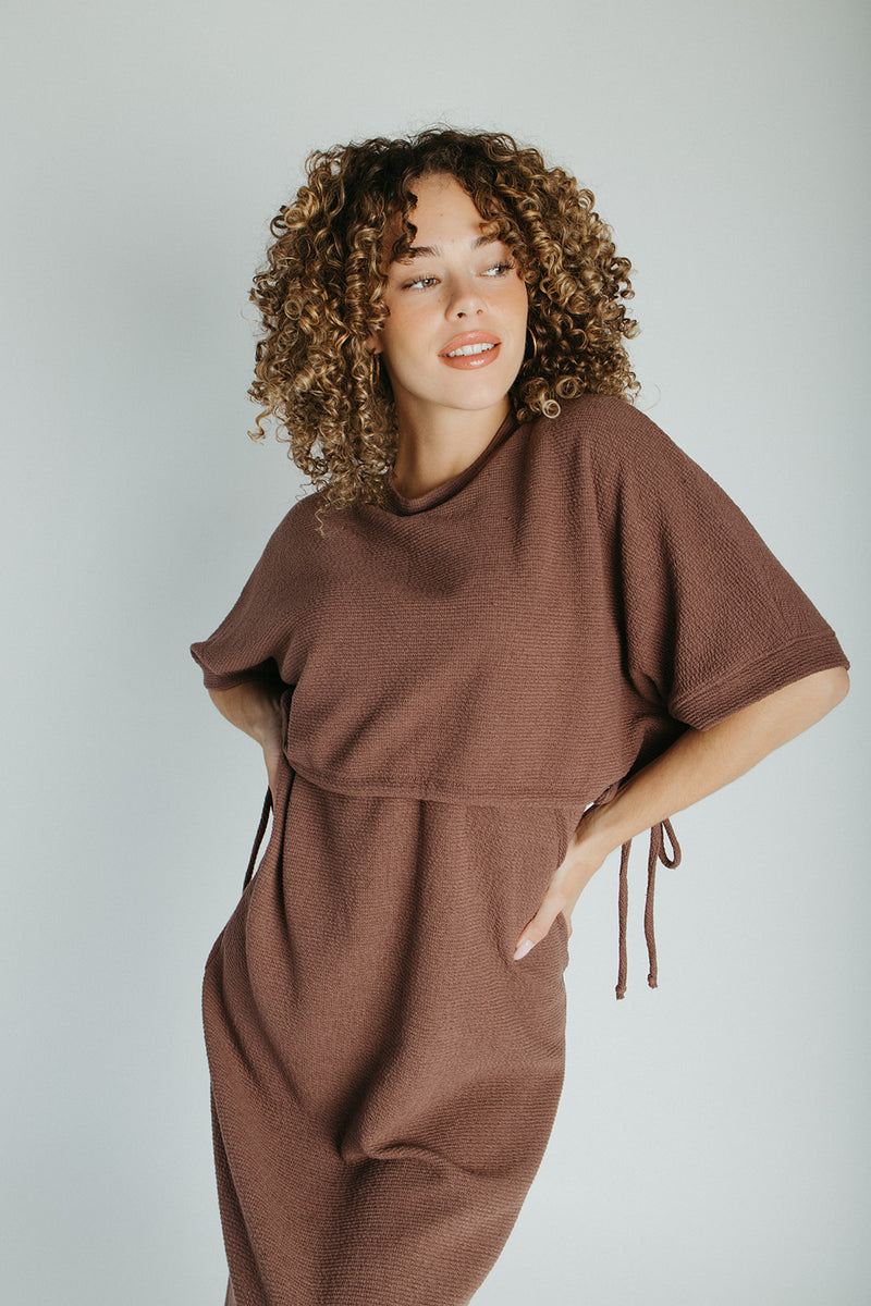 The Andra Tie Detail Midi Dress in Brown