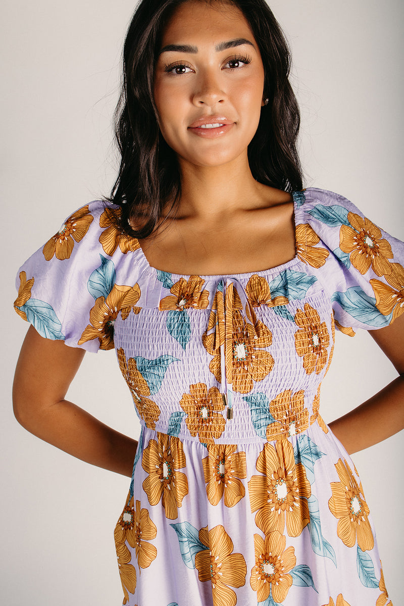 The Bonham Puff Sleeve Midi Dress in Orange + Lilac – Piper & Scoot