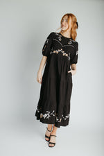 The Kiana Flower Embroidered Midi Dress in Black