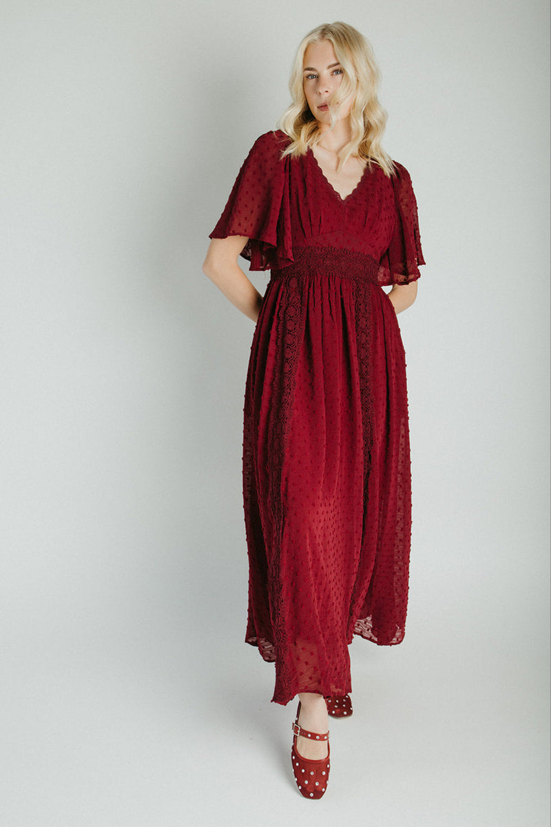The Megan Swiss Dot Maxi Dress in Burgundy