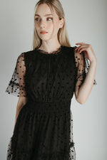 The Zoey Polka Dot Mesh Midi Dress in Black