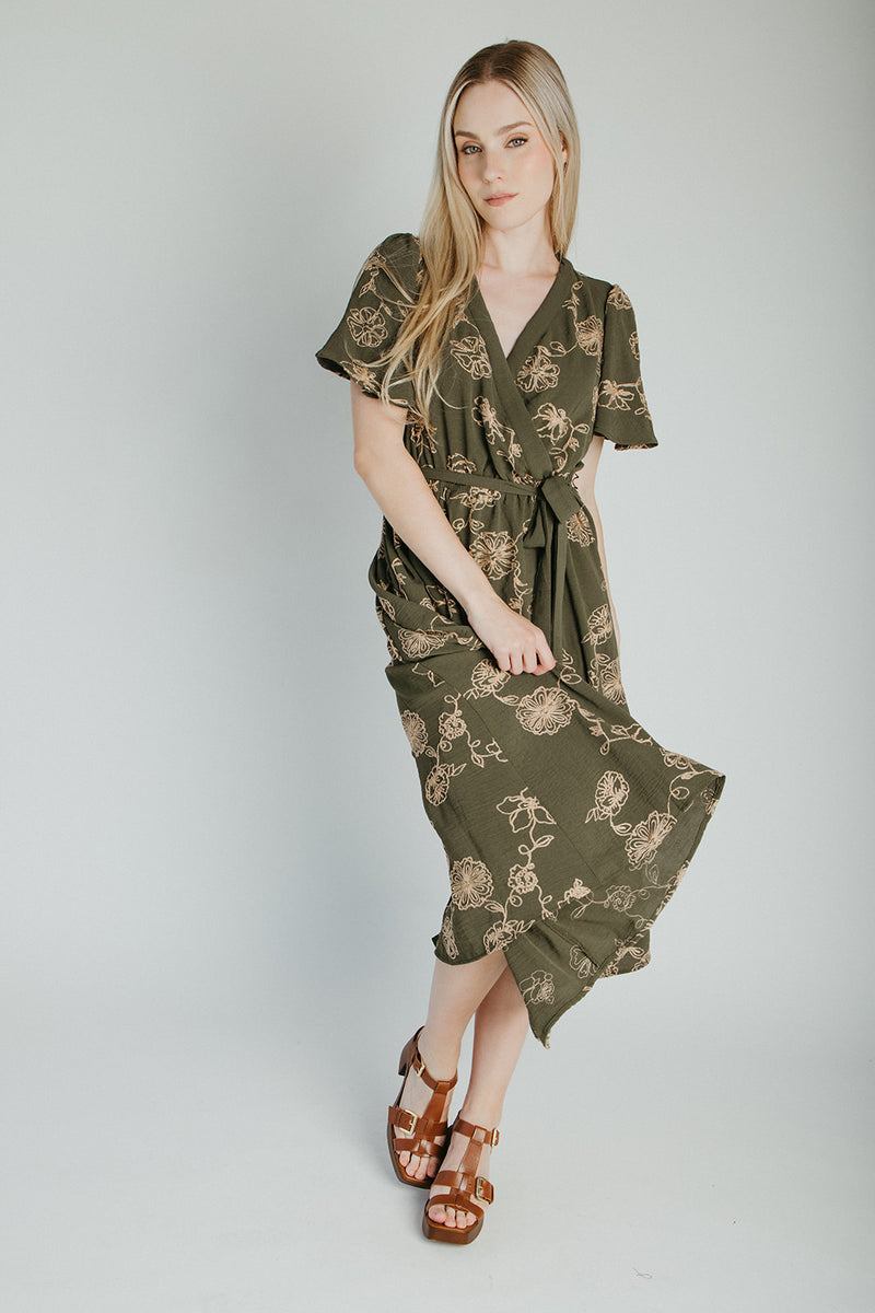 The Tressa Embroidered Detail Midi Dress in Olive