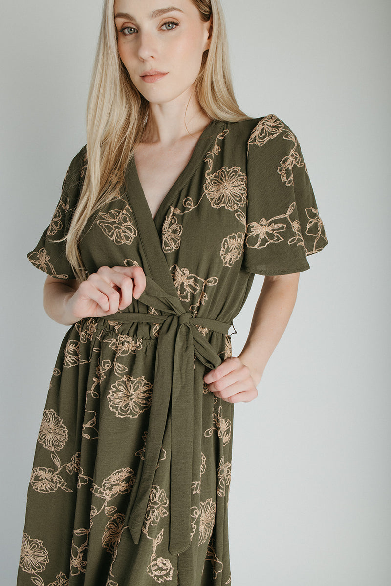 The Tressa Embroidered Detail Midi Dress in Olive