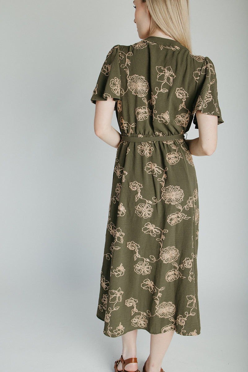The Tressa Embroidered Detail Midi Dress in Olive