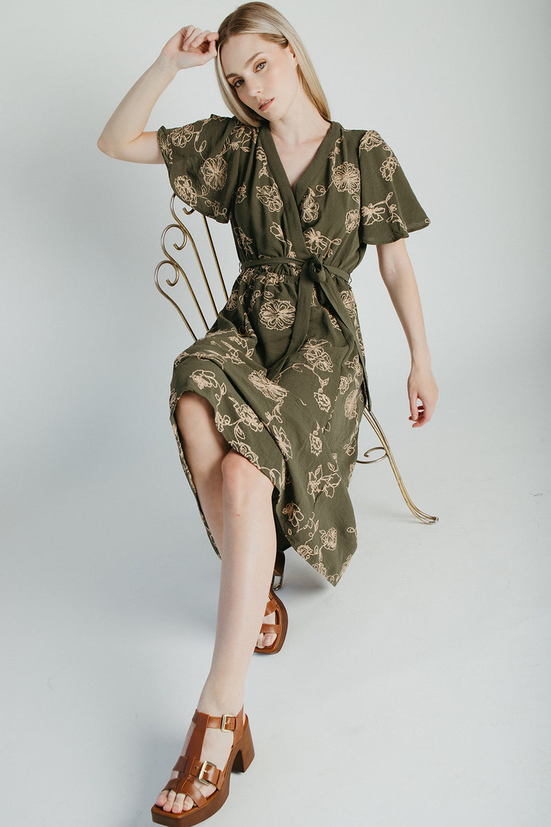 The Tressa Embroidered Detail Midi Dress in Olive
