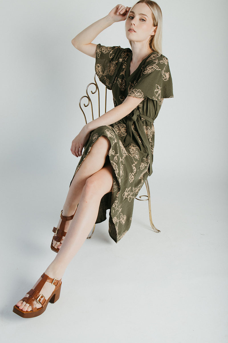 The Tressa Embroidered Detail Midi Dress in Olive
