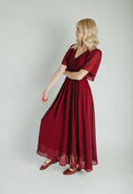 The Megan Swiss Dot Maxi Dress in Burgundy