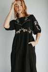The Kiana Flower Embroidered Midi Dress in Black