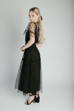 The Zoey Polka Dot Mesh Midi Dress in Black