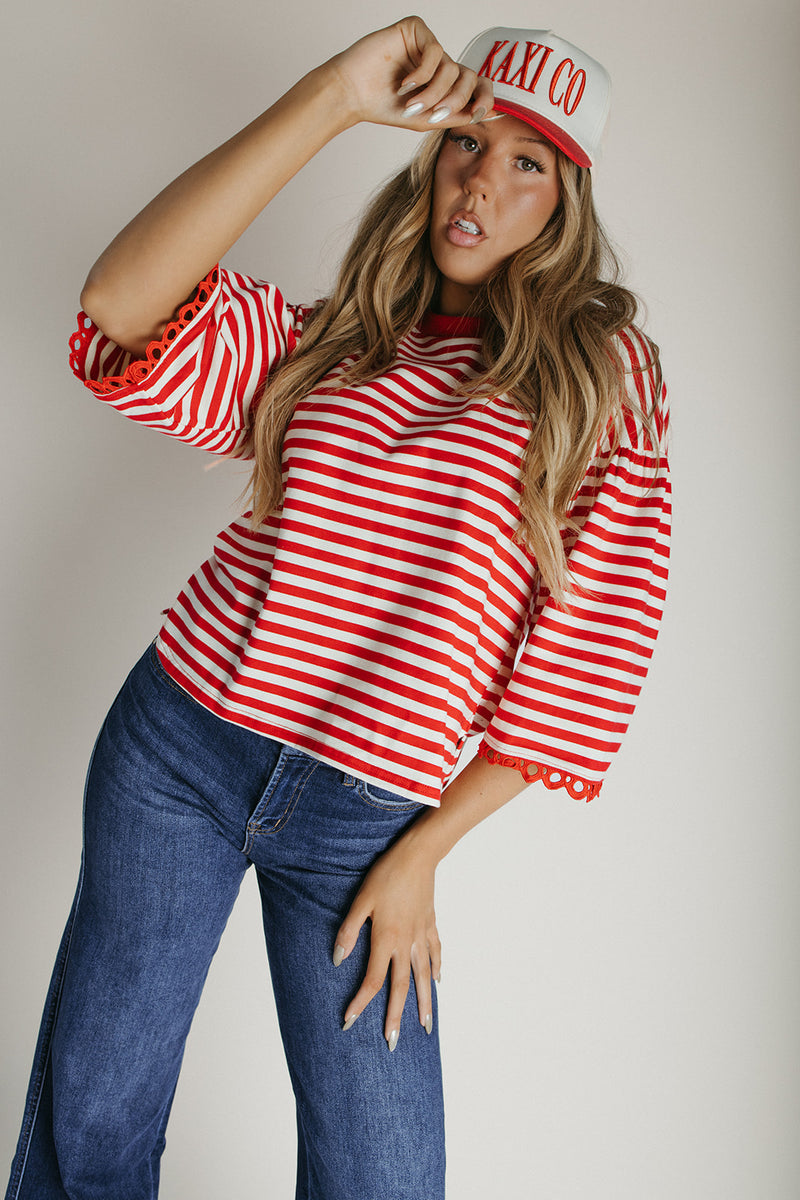 The Betsy Lace Trim Blouse in Red Stripe