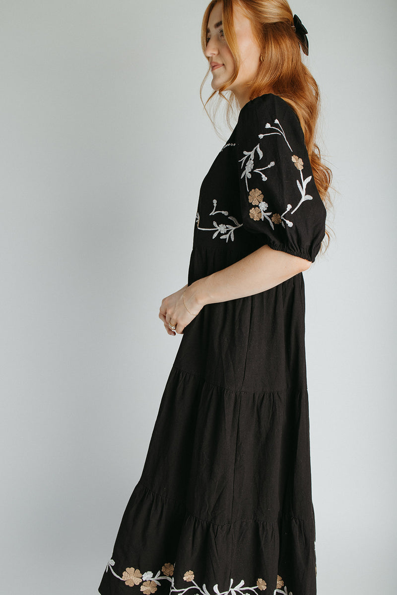 The Kiana Flower Embroidered Midi Dress in Black