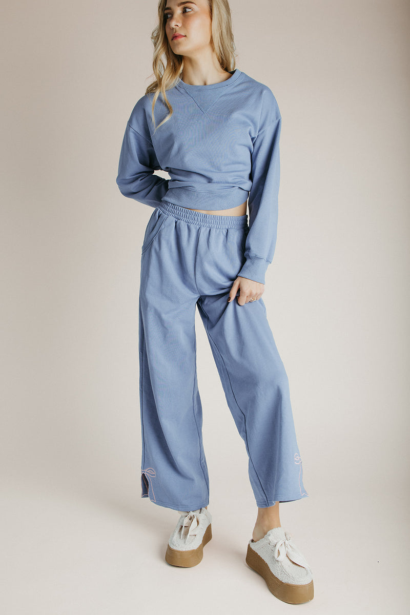 The Stevison Bow Embroidered Pant in Dusty Blue