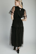 The Zoey Polka Dot Mesh Midi Dress in Black