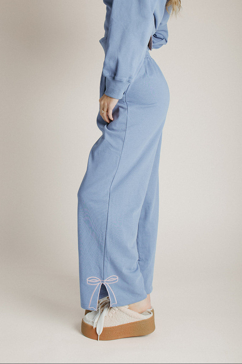 The Stevison Bow Embroidered Pant in Dusty Blue
